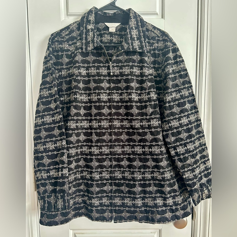 CJ Banks Jacket Cute Black White Floral Embroidered Cotton Button Down Jacket